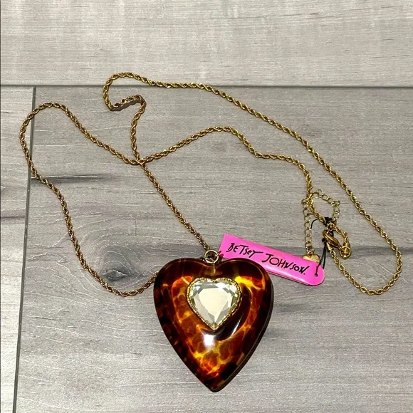 Betsey Johnson Huge Lucite Leopard Mirror Heart Necklace - Picture 2 of 6